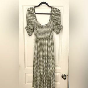 Abercrombie & Fitch Sage Green & White Gingham Puff Sleeve Midi Dress Size S